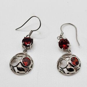 Beautiful Natural Red Garnet Flower Circle Silver Dangle Earrings 1.5" Open Back